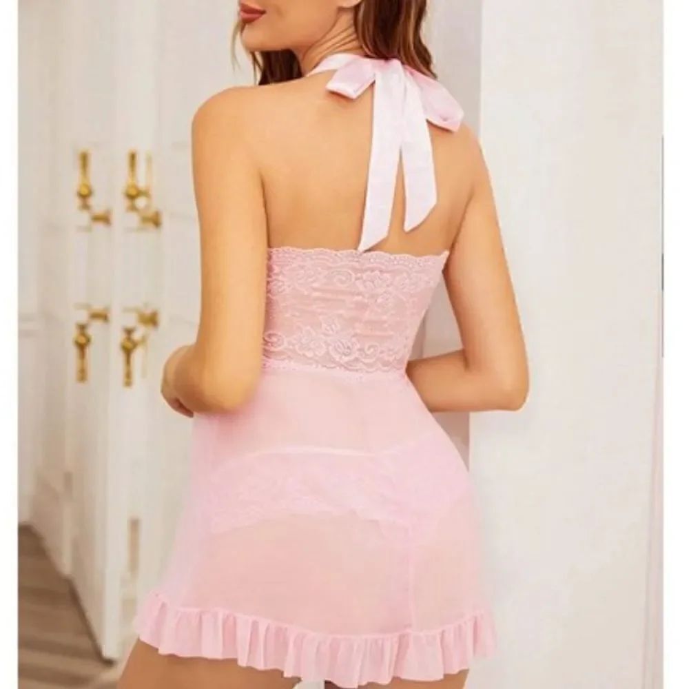 NWT Pink Sheer Lace Halter Tie Fly Away Babydoll Chemise Lingerie M